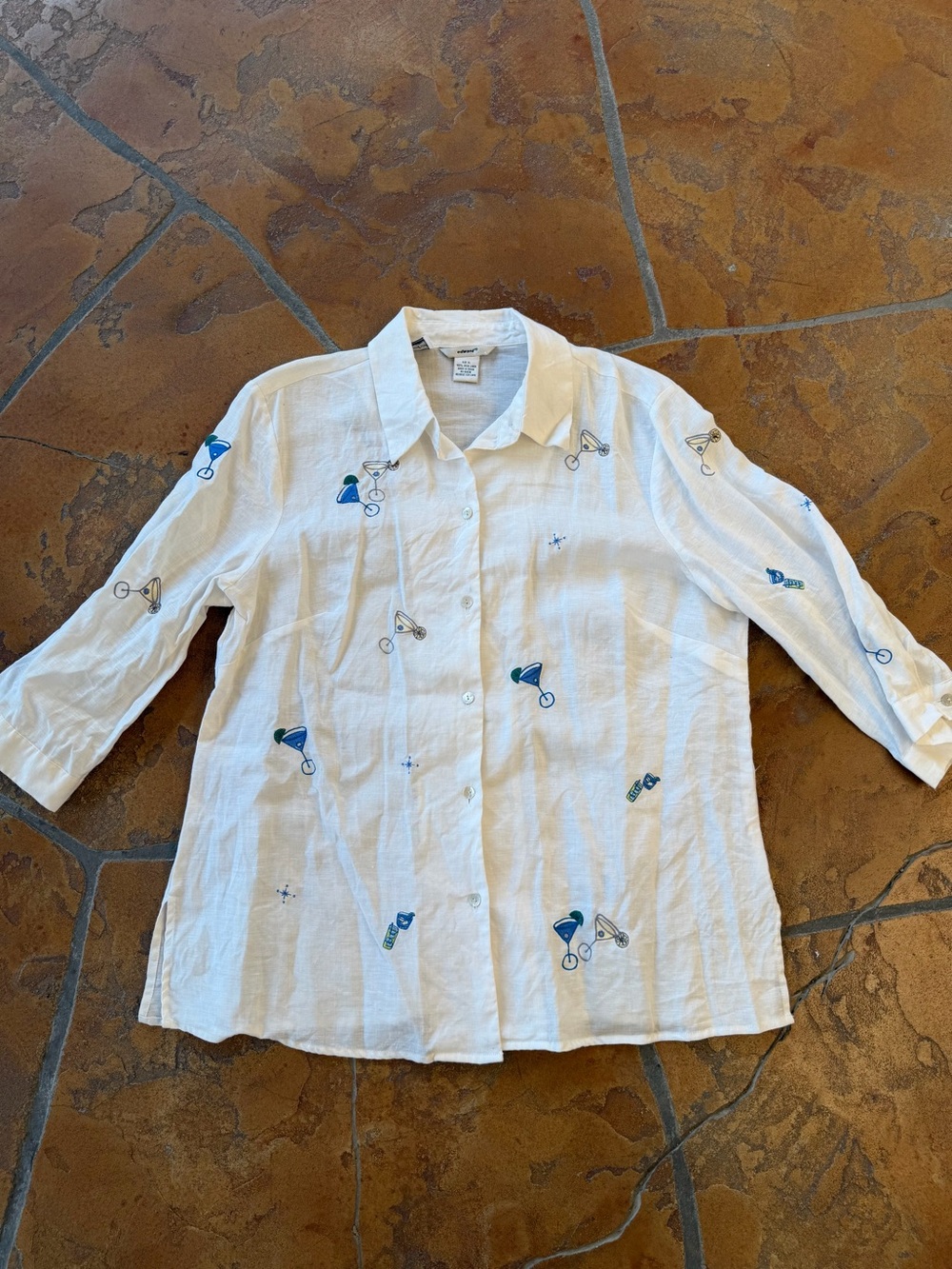 Edward White Blue Irish Linen Martini Embroidered Button-Up Shirt Women’s XL